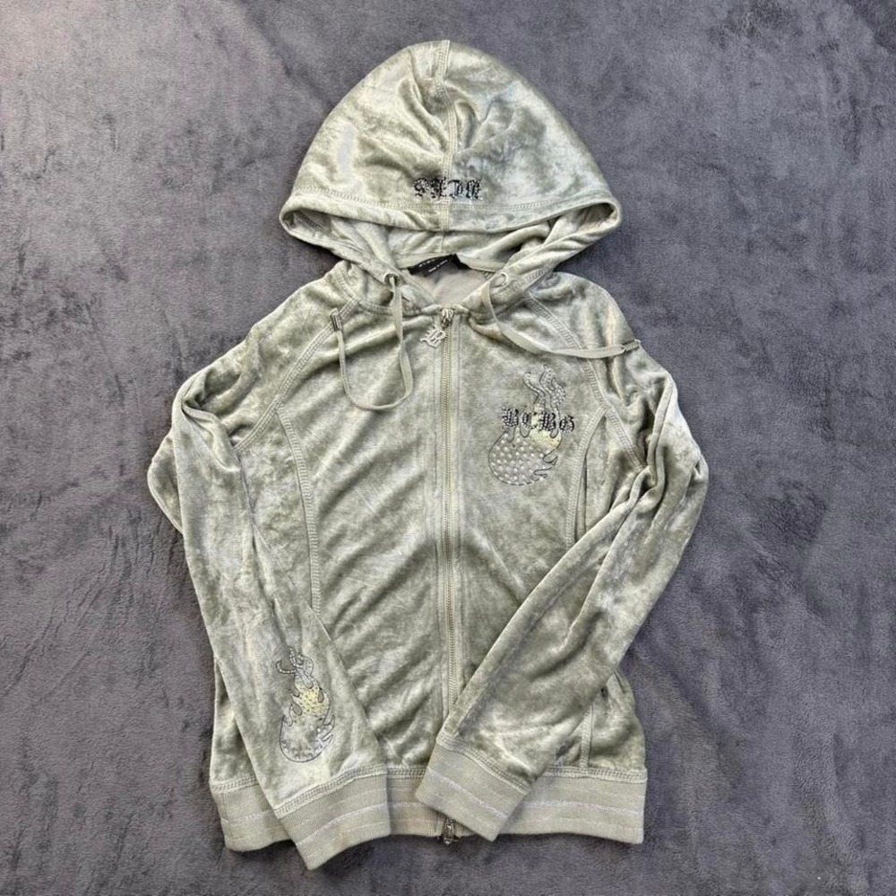 BCBG Max Azria Velour Zip Hoodie Women's Small Sage Green Rhinestone Skull Y2K